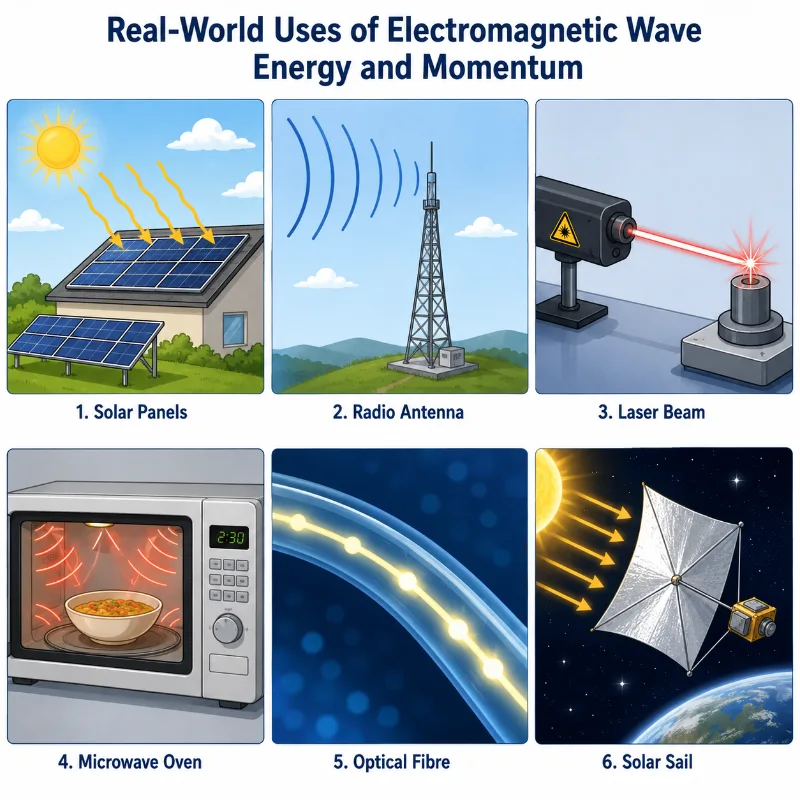 Infographic showing solar panels receiving sunlight, a radio antenna receiving wave energy, a laser beam delivering concentrated energy, a microwave oven heating food, an optical fibre carrying light, and a solar sail pushed by radiation pressure