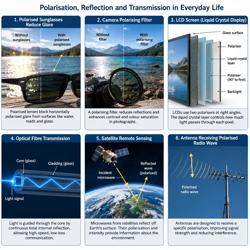 Infographic showing polarised sunglasses, a camera polarising filter, an LCD screen, optical fibre transmission, satellite remote sensing, and an antenna receiving a polarised radio wave