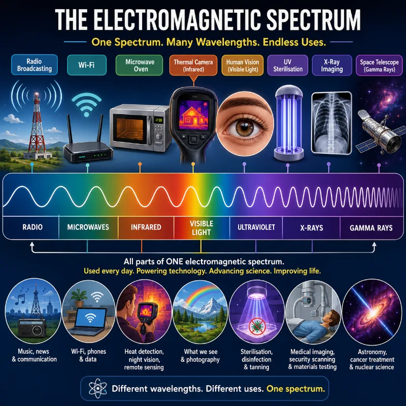 Infographic showing real-world uses of the electromagnetic spectrum, including radio broadcasting, Wi-Fi, microwave ovens, thermal cameras, human vision, UV sterilisation, X-ray imaging, and space telescope observations