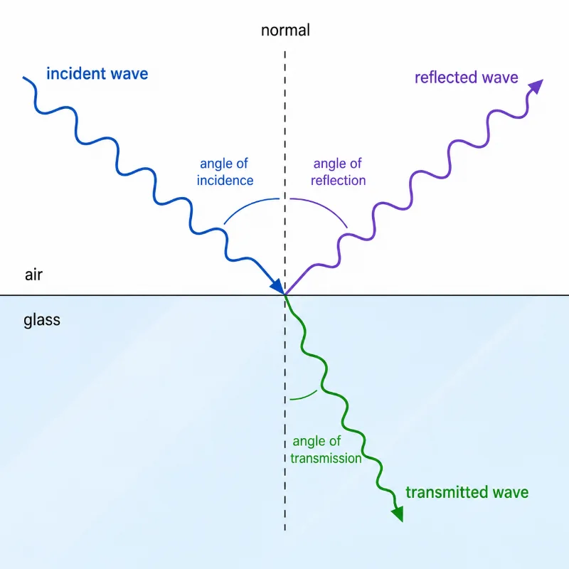 Diagram showing an incident electromagnetic wave striking an air-glass boundary, with reflected and transmitted waves labelled along with the normal and angles of incidence, reflection, and transmission