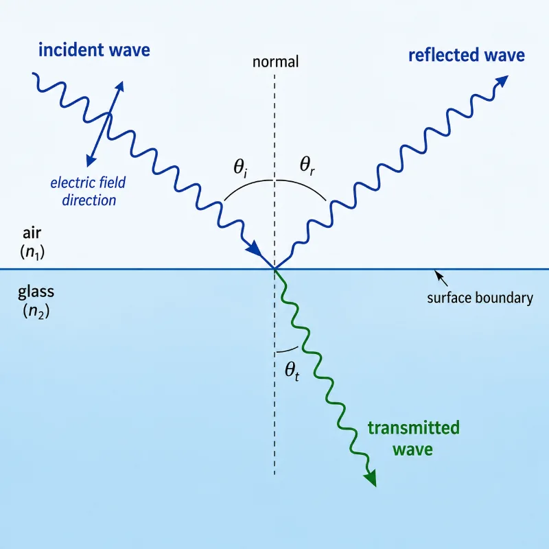 Diagram showing an electromagnetic wave striking a transparent surface, with part of the wave reflected, part transmitted into glass, and the electric field direction highlighted