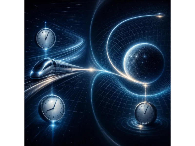 Illustration of relativity showing a high-speed train with clocks for Special Relativity and a curved spacetime grid with a massive body for General Relativity.