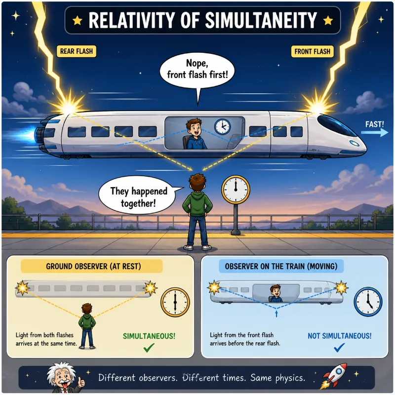 Humorous educational infographic illustrating the relativity of simultaneity with a long flying train. Two lightning flashes strike the front and rear of the train. A ground observer says the flashes happened together, while an observer riding inside the moving train says the front flash happened first.