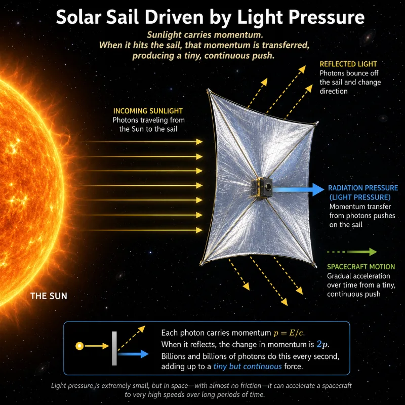 Illustration showing sunlight striking a reflective solar sail in space, with arrows for incoming sunlight, reflected light, radiation pressure, and gradual spacecraft motion