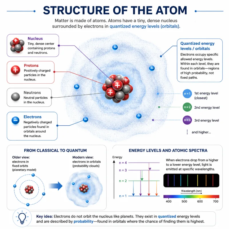 Educational diagram explaining atomic structure, including the nucleus, protons, neutrons, electrons, quantised energy levels, orbitals, and atomic spectra.