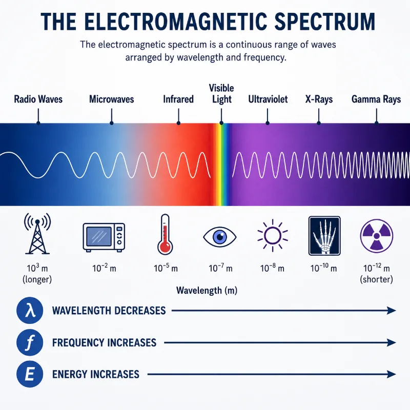 Infographic showing the electromagnetic spectrum as a continuous scale from long-wavelength radio waves to short-wavelength gamma rays, with wavelength decreasing while frequency and energy increase