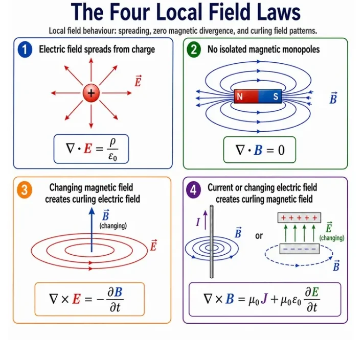 Four-panel educational diagram showing the differential form of Maxwell’s equations, including electric field divergence around charge, zero magnetic divergence, a changing magnetic field producing a curling electric field, and current or changing electric field producing a curling magnetic field