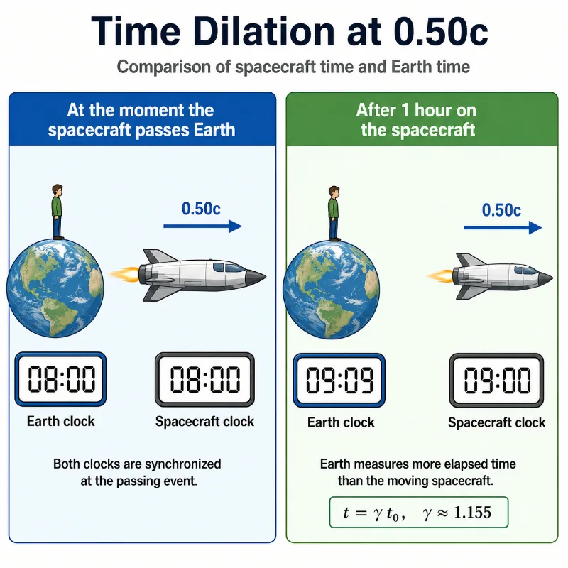 Two-panel educational infographic showing time dilation at 0.50c. In the left panel, a spacecraft passes Earth at 08:00 and both the Earth clock and spacecraft clock read 08:00. In the right panel, after 1 hour on the spacecraft, the spacecraft clock reads 09:00 while the Earth clock reads 09:09.
