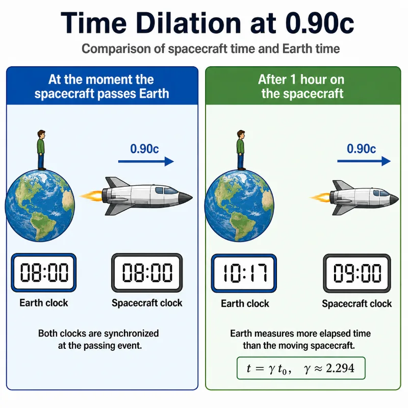 Educational infographic showing time dilation at 0.90c. A spacecraft passes Earth with both clocks synchronized at 08:00. After 1 hour on the spacecraft, the spacecraft clock reads 09:00 while the Earth clock reads about 10:17.