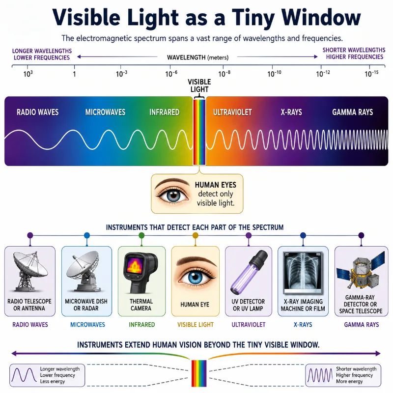 Infographic showing visible light as a narrow band within the full electromagnetic spectrum, with instruments detecting radio waves, microwaves, infrared, ultraviolet, X-rays, and gamma rays