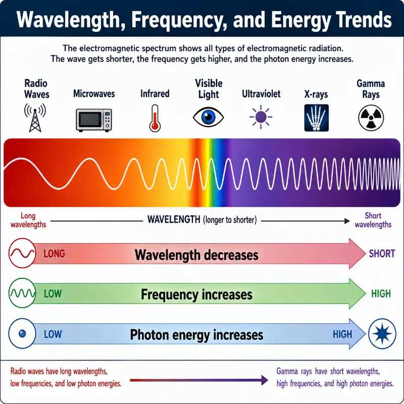 Infographic showing the electromagnetic spectrum from radio waves to gamma rays, with arrows showing that wavelength decreases while frequency and photon energy increase