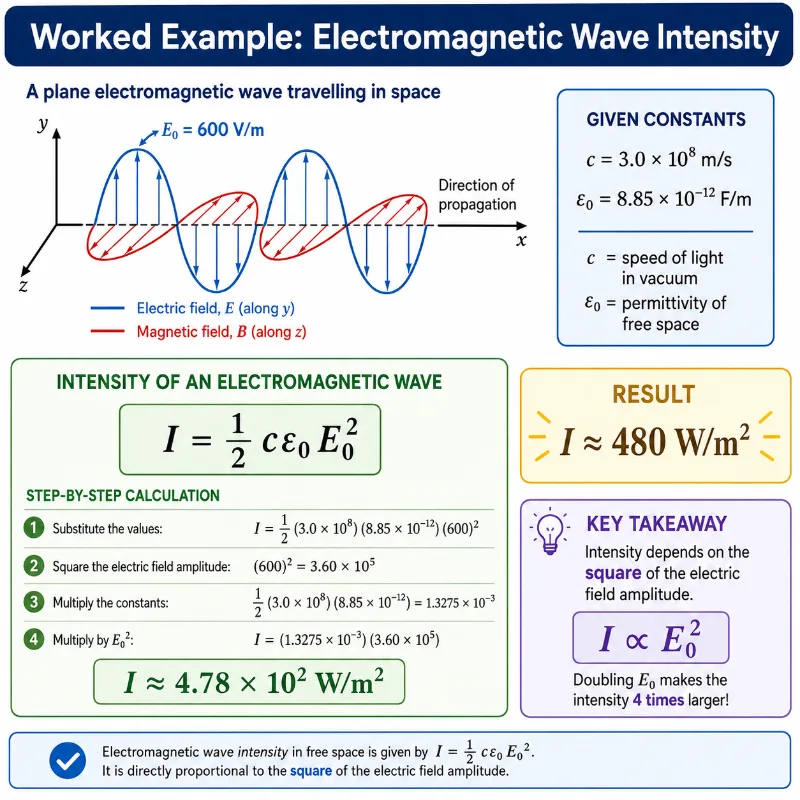 Worked example diagram showing an electromagnetic wave with electric field amplitude 600 volts per metre, speed of light 3.0 times 10 to the power of 8 metres per second, permittivity 8.85 times 10 to the minus 12 farads per metre, and calculated intensity about 480 watts per square metre