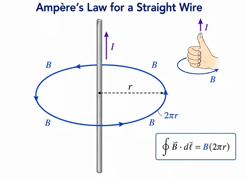 Educational physics diagram showing a vertical wire carrying current I upward, with a circular Amperian loop around the wire, magnetic field B tangent to the loop, radius r, and the simplified line integral B times 2πr.