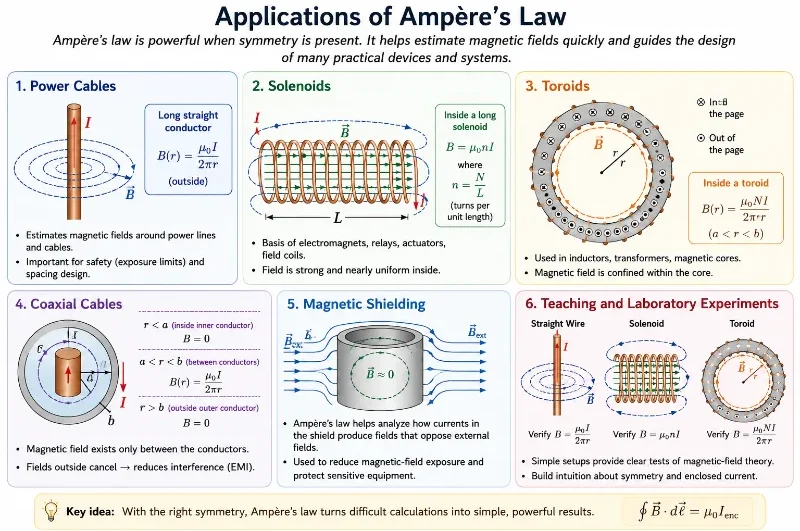 Educational infographic showing applications of Ampère’s law, including power cables, solenoids, toroids, coaxial cables, magnetic shielding, and laboratory experiments.