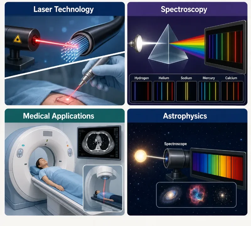 Illustrated overview of four applications of atomic interactions with radiation: laser technology, spectroscopy, medical applications, and astrophysics.