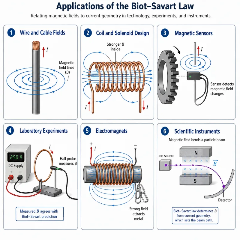 Educational infographic showing applications of the Biot–Savart law, including wire and cable magnetic fields, coil and solenoid design, magnetic sensors, laboratory experiments, electromagnets, and scientific instruments.