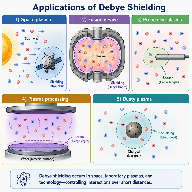 Educational infographic showing applications of Debye shielding in space plasma, fusion devices, probes near plasma, plasma processing, and dusty plasma.