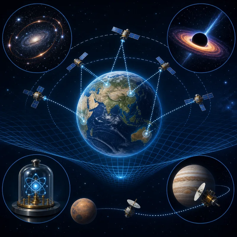 Educational illustration showing applications of General Relativity, including satellite navigation around Earth, atomic clocks, gravitational lensing, black holes, and space missions.