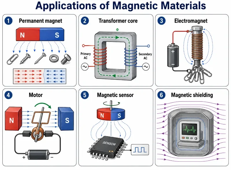 Educational infographic showing applications of magnetic materials, including a permanent magnet, transformer core, electromagnet, motor, magnetic sensor, and magnetic shielding.