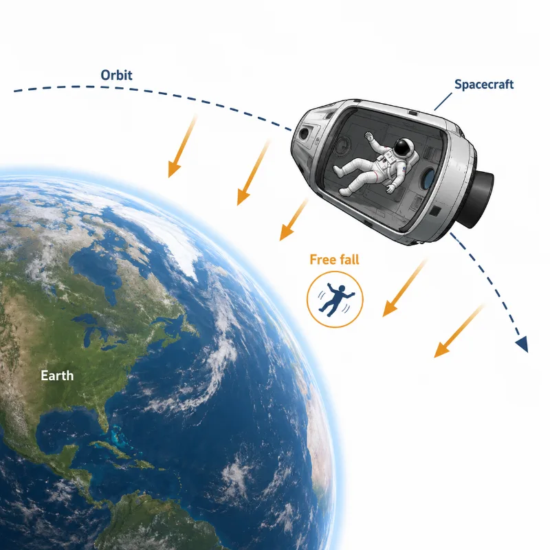 Educational illustration showing an astronaut and spacecraft orbiting Earth in free fall, explaining why astronauts appear weightless while still being under Earth’s gravity.