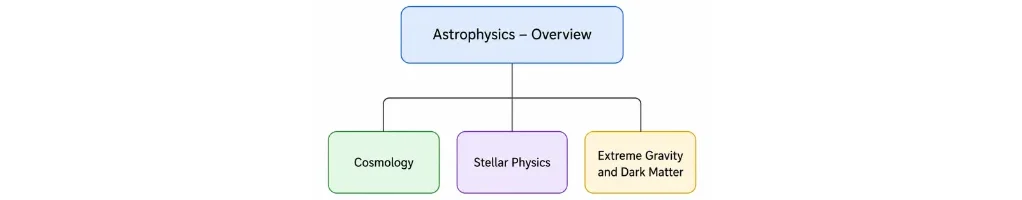 Simple hierarchical diagram showing Astrophysics Overview as the parent node, with three child nodes: Cosmology, Stellar Physics, and Extreme Gravity and Dark Matter.