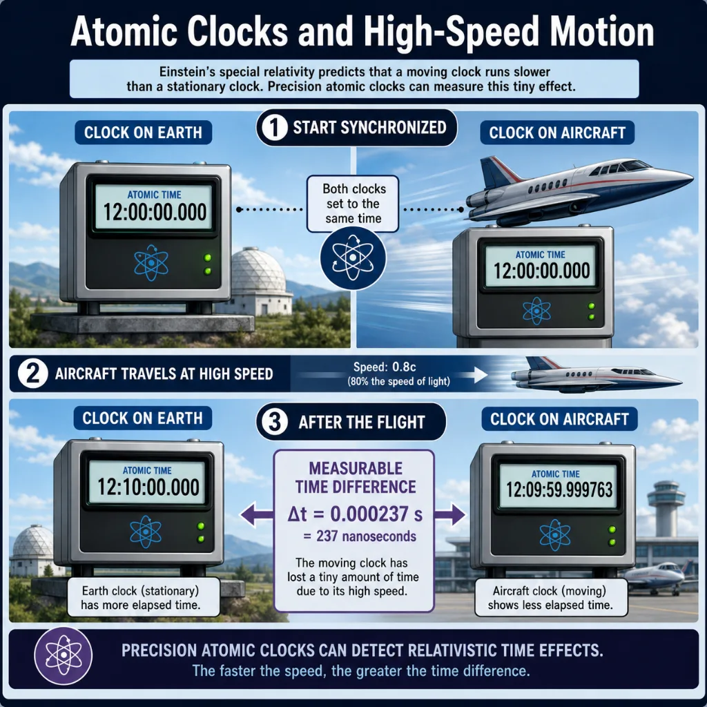 Educational infographic showing two synchronized atomic clocks, one remaining on Earth and one travelling in a stylized high-speed aircraft, with a small measurable time difference after the flight due to relativistic time dilation.