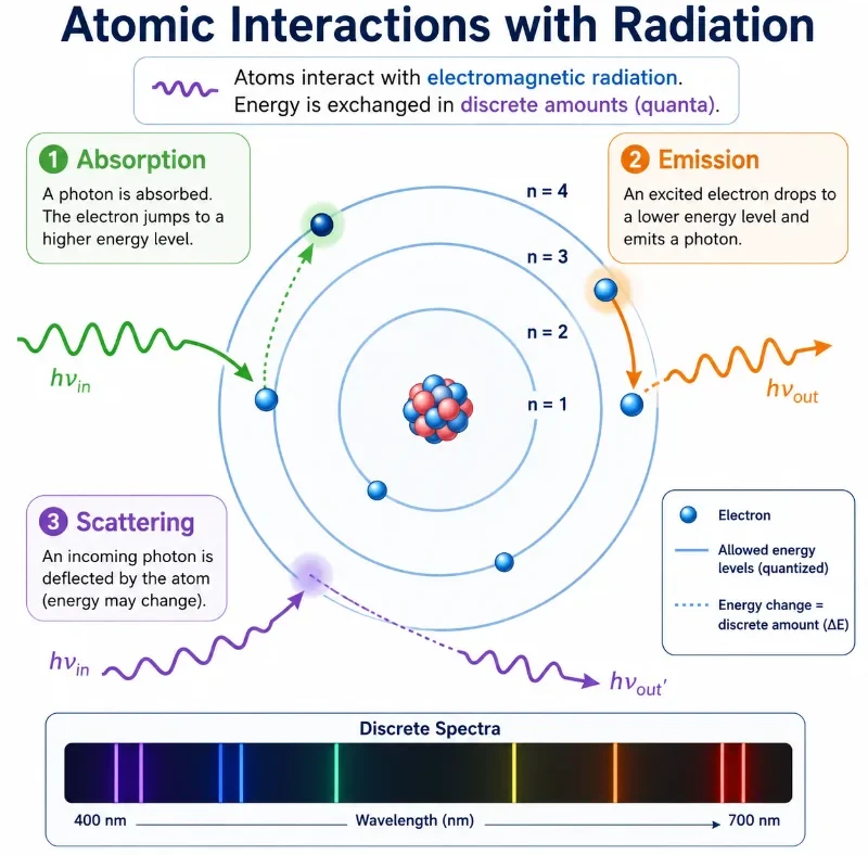 Diagram showing how atoms interact with electromagnetic radiation through absorption, emission, and scattering, with electron energy levels and discrete spectra.