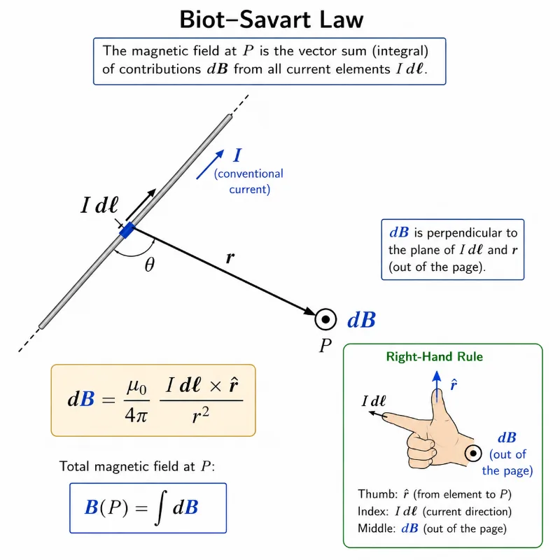 Educational physics diagram showing a current element I dℓ on a wire, a displacement vector r pointing to point P, the angle θ between the current element and r, and a magnetic field contribution dB directed out of the page using the right-hand rule.
