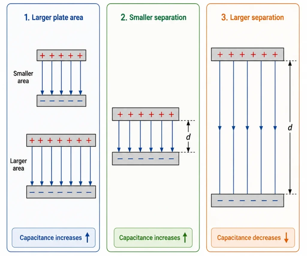 Three-panel diagram comparing how capacitance changes with larger plate area, smaller plate separation, and larger plate separation in a parallel-plate capacitor.