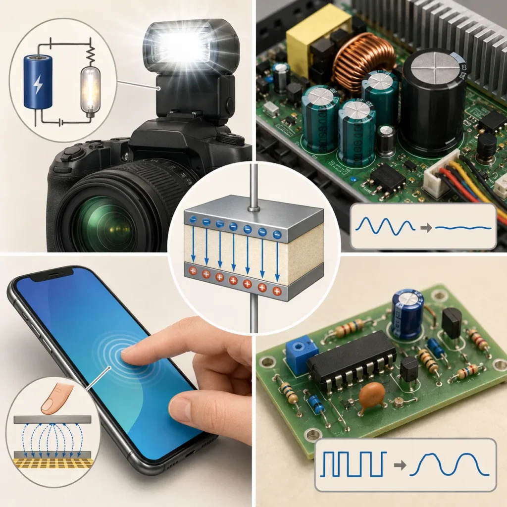 Collage showing capacitors used in a camera flash, circuit boards, power supply electronics, signal shaping, and touchscreen sensing.
