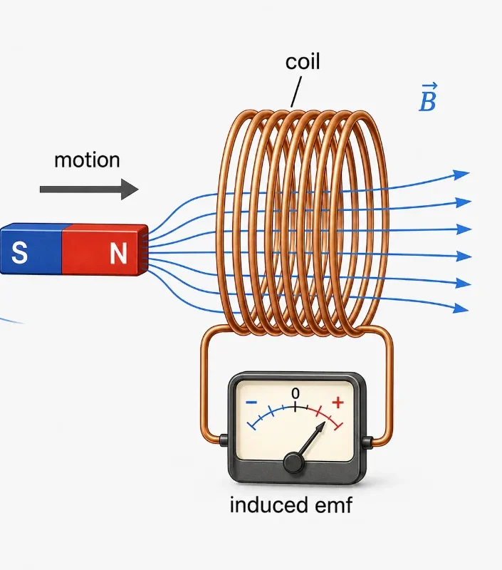 Bar magnet moving toward a coil and inducing emf as magnetic flux through the coil changes