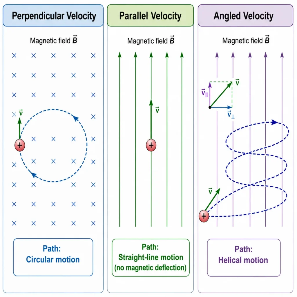 Comparison of charged-particle motion in magnetic fields, showing circular motion for perpendicular velocity, straight-line motion for parallel velocity, and helical motion for angled velocity.