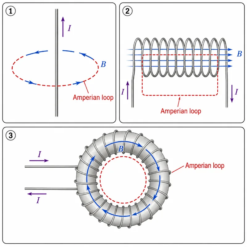 Educational physics diagram showing three examples of Amperian loops: a circular loop around a straight wire, a rectangular loop through a solenoid, and a circular loop inside a toroid, with current I and magnetic field B labelled.