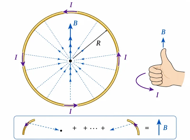 Educational physics diagram showing a circular current loop carrying current I, radius R, and magnetic field B through the centre, with a right-hand rule cue.