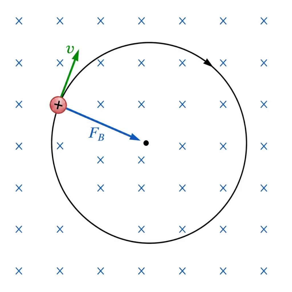 When velocity is perpendicular to a uniform magnetic field, magnetic force can act as the centripetal force for circular motion.