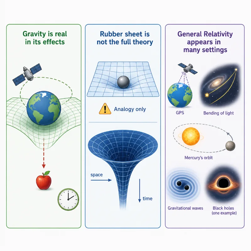 Educational infographic correcting common misconceptions about General Relativity, showing that gravity is real in its effects, the rubber-sheet model is only an analogy, and General Relativity applies in many settings beyond black holes.