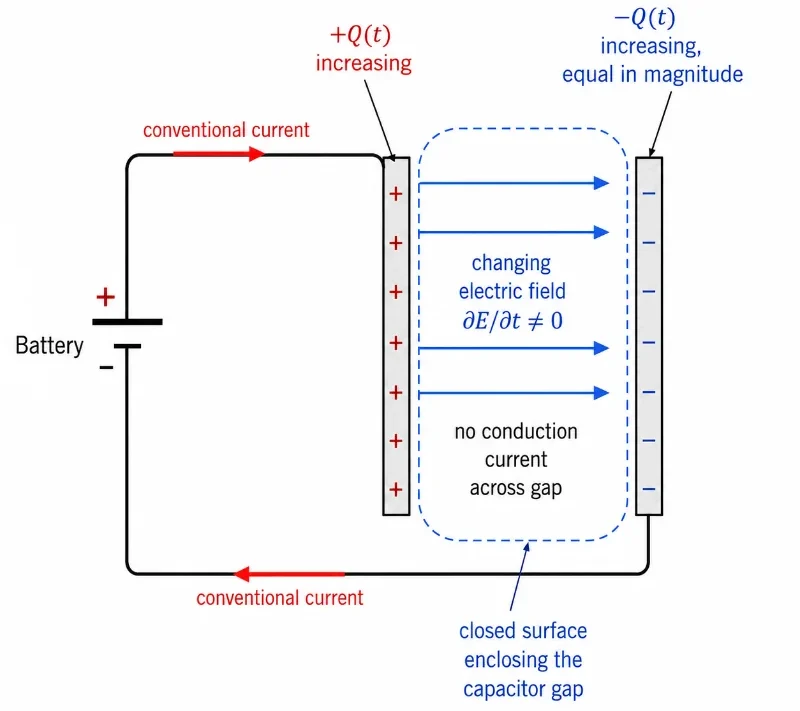 Educational diagram showing a battery charging a capacitor, with one plate connected to the positive terminal and the other plate connected to the negative terminal. The diagram shows conventional current in the wires, charge building up on the plates, a changing electric field across the capacitor gap, and a dashed closed surface enclosing the gap.