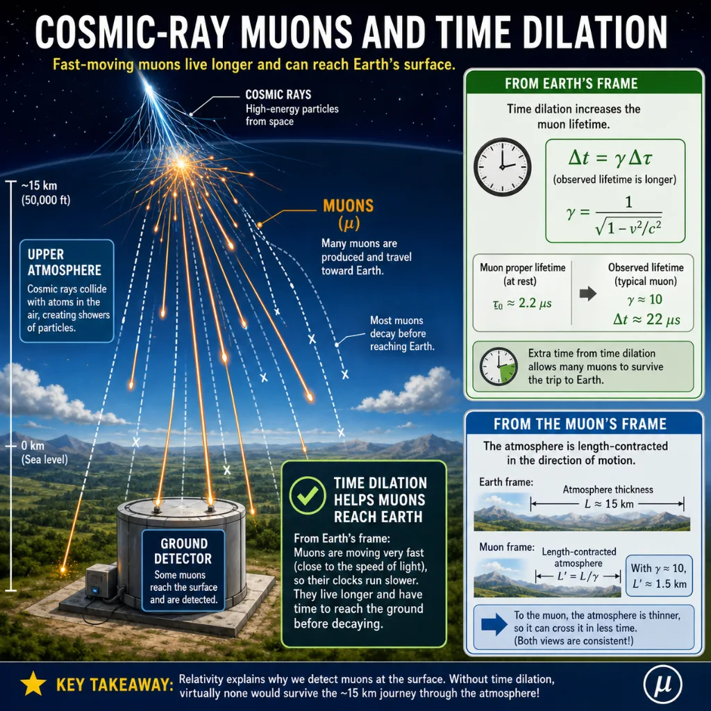 Educational infographic showing cosmic rays striking Earth’s upper atmosphere, producing fast-moving muons that travel toward the surface. The diagram explains that time dilation allows many muons to reach ground detectors before decaying.