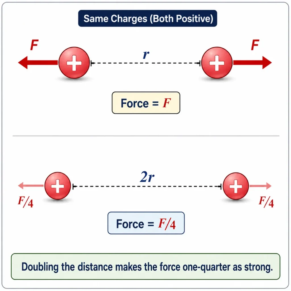 Two positive charges shown at distance r and 2r, illustrating that doubling the distance reduces the electric force to one-quarter.