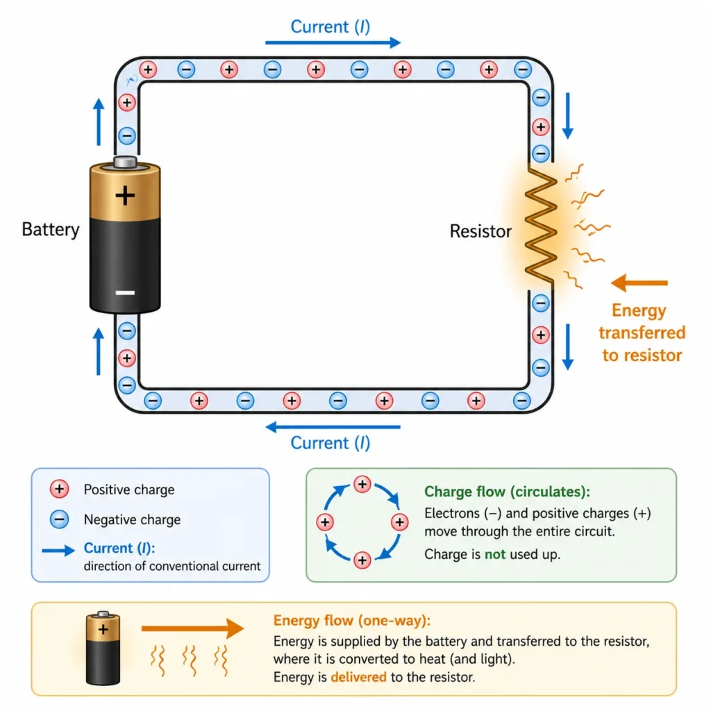 Closed electric circuit with a battery, resistor, moving charges, current arrows, and energy being transferred to the resistor.