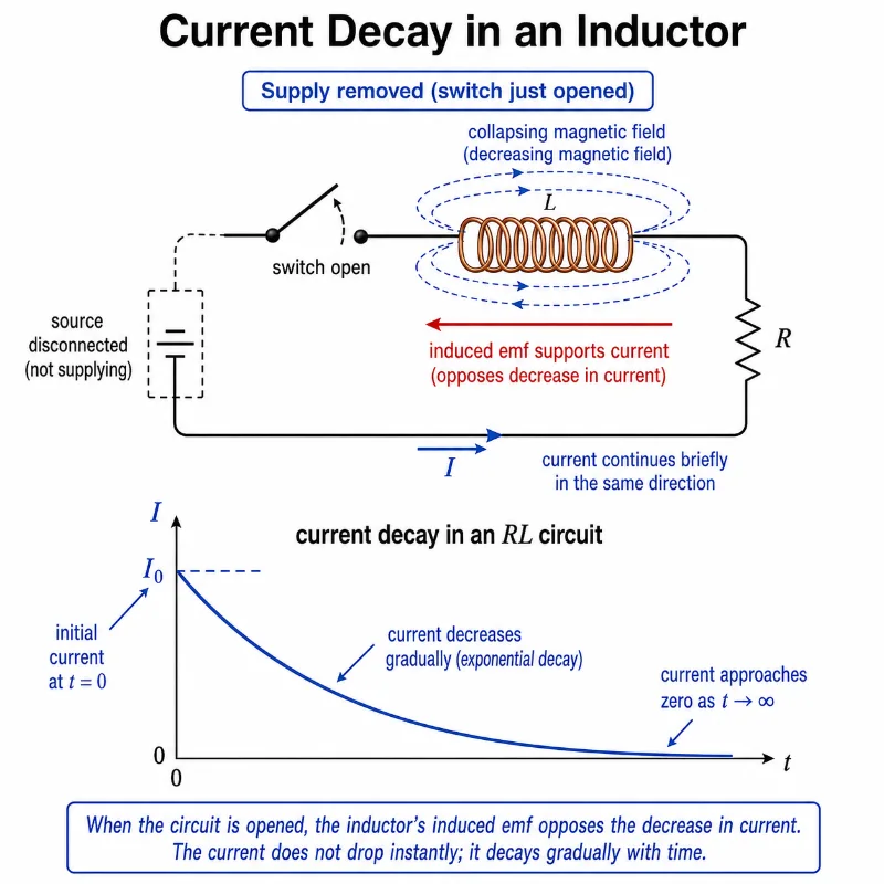 RL circuit diagram showing an inductor keeping current flowing briefly after the switch is opened, with current gradually decaying to zero