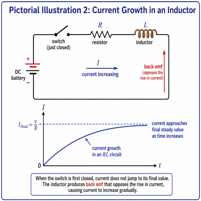 RL circuit diagram showing a battery, switch, resistor, and inductor with current rising gradually after the switch is closed