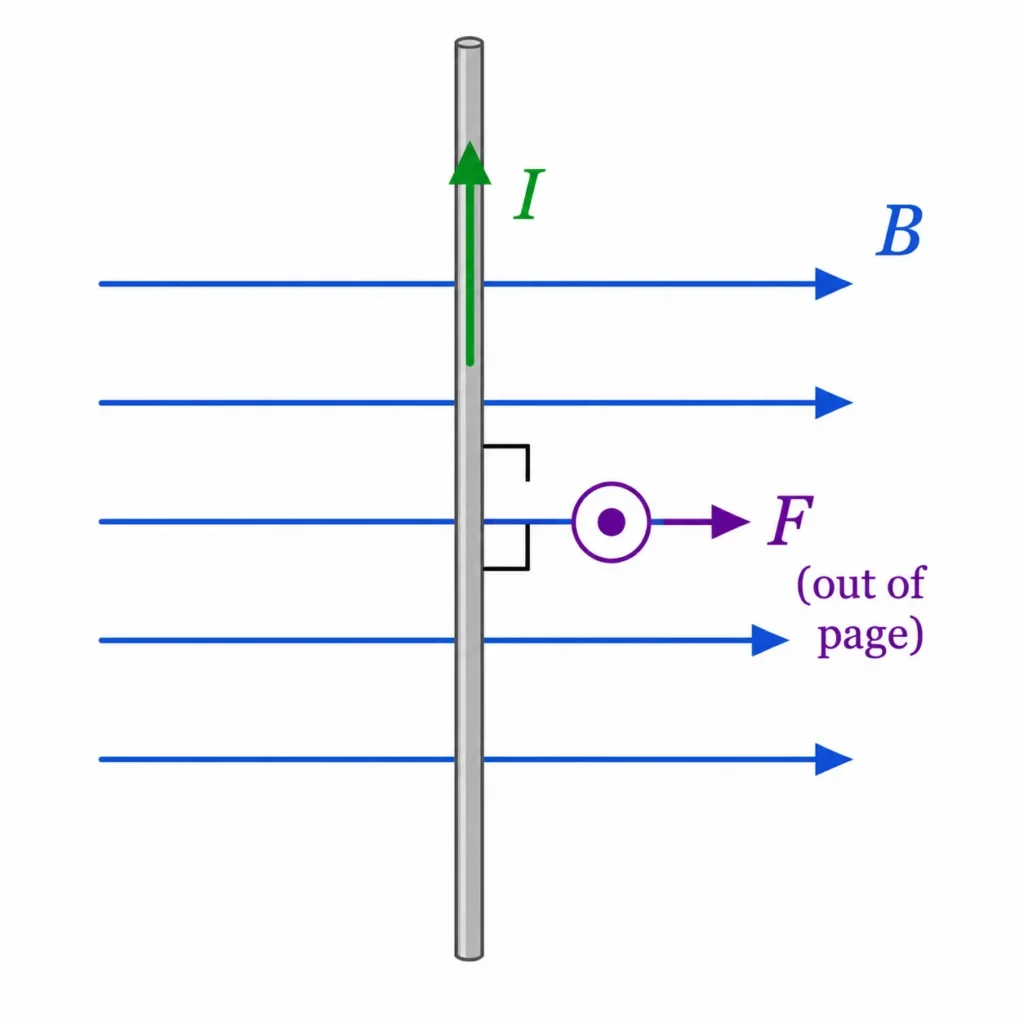 Straight wire carrying current upward through a magnetic field directed to the right, showing the magnetic force acting out of the page.