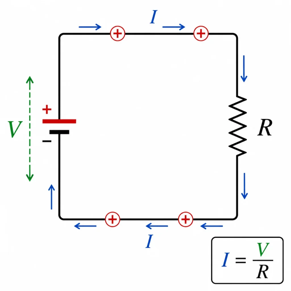 Simple electric circuit with a battery, resistor, current arrows, voltage label, and Ohm’s law formula showing that current equals voltage divided by resistance.