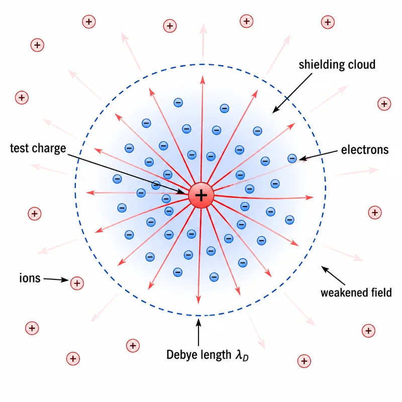Educational physics diagram showing a positive test charge in plasma surrounded by a shielding cloud of electrons, ions farther away, weakened electric field lines, and the Debye length λD.