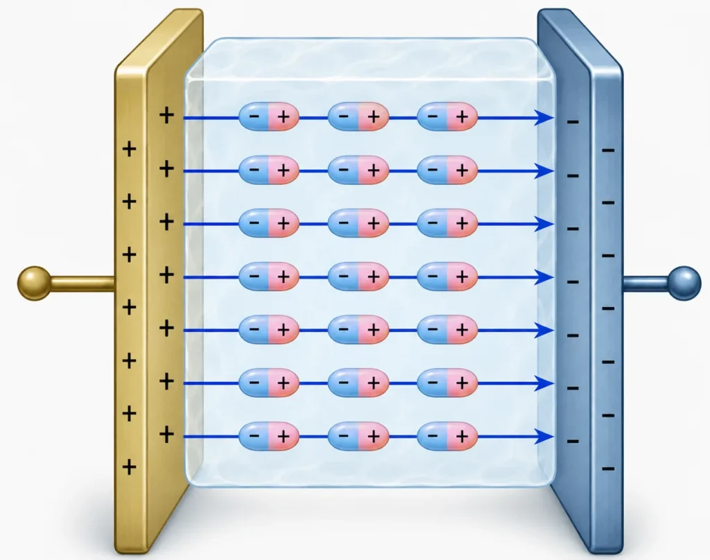 Parallel-plate capacitor with a dielectric material between the plates, showing aligned molecular dipoles responding to the electric field.
