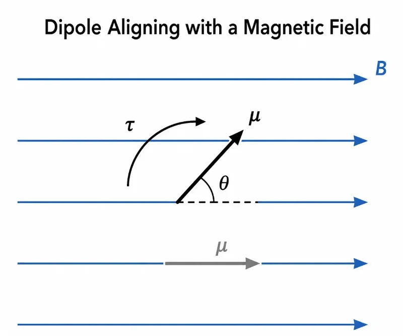 Educational physics diagram showing a magnetic dipole moment μ at an angle θ to a uniform magnetic field B, with torque τ rotating the dipole toward alignment with the field.