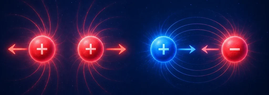 Two pairs of charged particles showing electric repulsion between like charges and electric attraction between unlike charges.