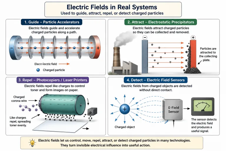 Educational infographic showing electric fields used in particle accelerators, electrostatic precipitators, laser printers, and electric field sensors to guide, attract, repel, or detect charged particles.
