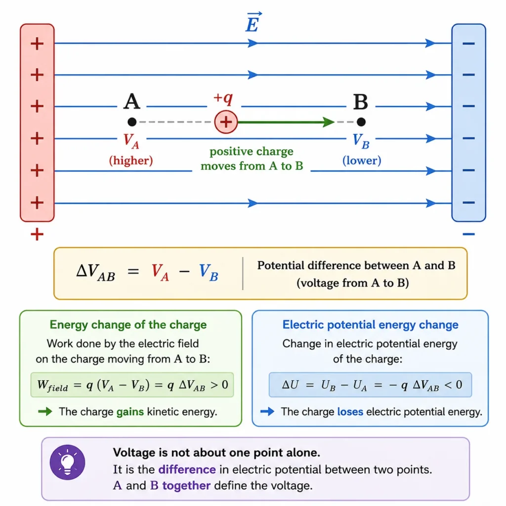 Diagram showing two points, A and B, in a uniform electric field between positive and negative plates, with a positive charge moving from higher potential at A to lower potential at B and illustrating voltage as potential difference.